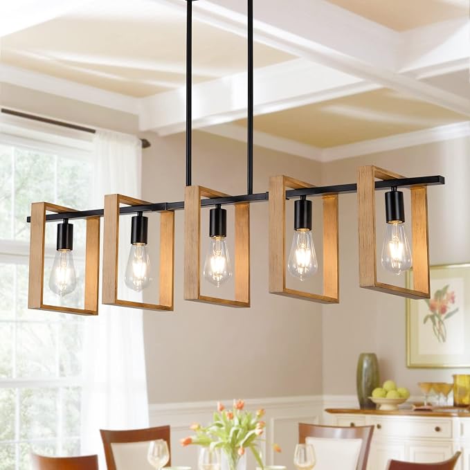 Dining Room Chandelier Farmhouse Kitchen Island Lights Ceiling Hanging 5 Lights Wood and Black Light Fixture Rustic Pendant Lighting 41.3"