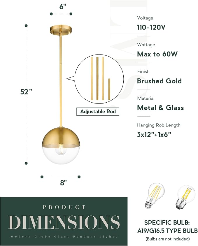 Mid Century Pendant Light Fixtures, Brushed Gold Farmhouse Pendant Light with Clear Globe Glass Shade, Adjustable Hanging Rod Ceiling Light for Dining Room Bathroom Kitchen Island, LMS-186BGC