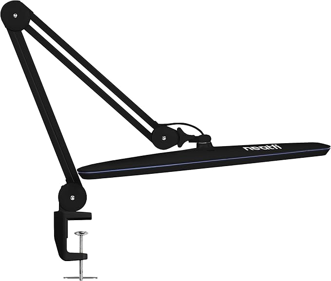 Neatfi XL 2,200 Lumens 24W LED Desk Lamp – 23” Wide Shade | Dimmable Eye-Caring Task Light | Adjustable Arm | Home Office, Study, Crafts & Nail Tech (Non-CCT with Clamp, Black)