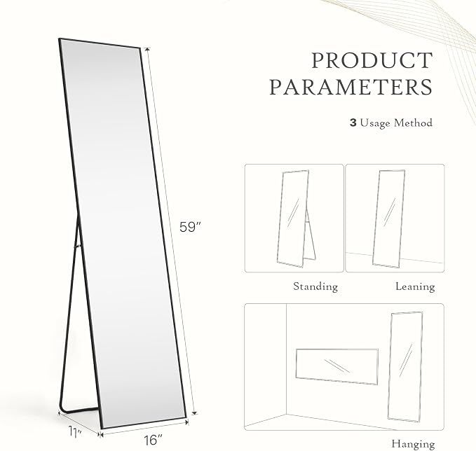 Full Length Floor Mirror, 16"x59" Body Wall Mirror with Stand | Shatter-Proof Nano Glass, Tall Standing, Hanging or Leaning, Aluminum Alloy Frame for Bedroom, Modern Home Decor, Black