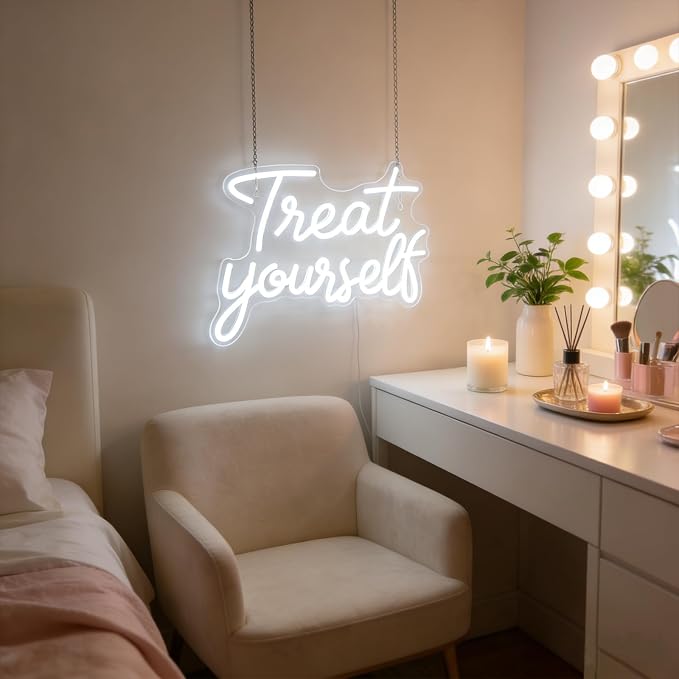 Treat Yourself Neon Sign LED Neon Sign for Wall Decor Bedroom Office Vanity | Dimmable LED Treat Yourself Sign for Beauty Salon, Boutique, Makeup Room, Dorm, Bedroom, Party, Vanity & Teen Girls Room
