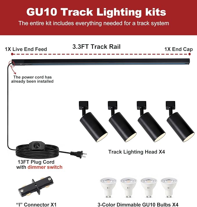 3-Color Plug in Track Lighting Dimmable with Power Cord, 4-Light Track Lighting Kit with 3.3FT H Type Track Lighting Rails, Modern Kitchen LED Track Lighting Fixtures Ceiling Spot Light, Black