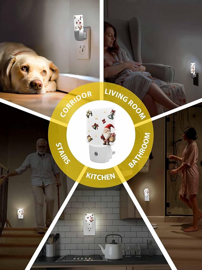 Christmas Night Lights Plug into Wall LED Night Light Santa Claus with Gift Snowflake Bell Winter Automatic Dimmable Dusk-to-Dawn Square Shaped Smart Nightlight for Bathroom/Bedroom