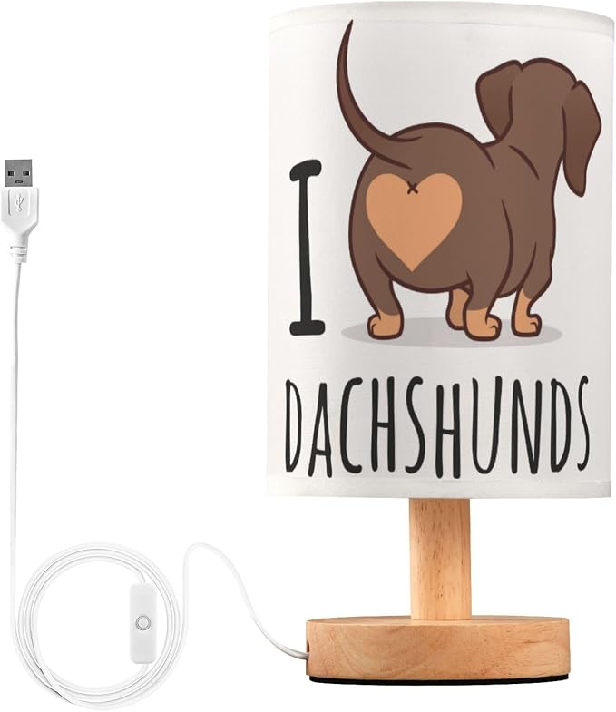 Table Lamp Cute Dachshund Dog I Love Dachshunds Heart Butt Nightstand Lamp with Wood Base Fabric Lamp Shade Bedside Desk Lamp for Living Room Bedroom Kids Room Office