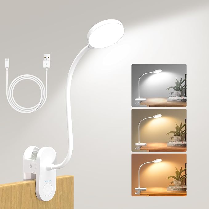 Cordless Reading Lamp with Clamp, 3.5'' Rechargeable LED Clip Light for Bunk Bed Headboard Home Office Desk, Flexible and Dimmable Book Light with 3 Color Temperatures & 10 Brightness (White/3.5'')
