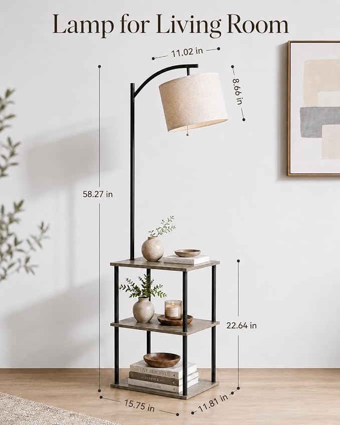 GERGO Floor Lamp with Table, Side Table for Living Room, 3 CCT 9W LED Bulb | Adjustable Linen Shade & Pull Chain, Modern Coffee End Table, Night Stand with Storage Shelves for Bedroom, Office Home Décor