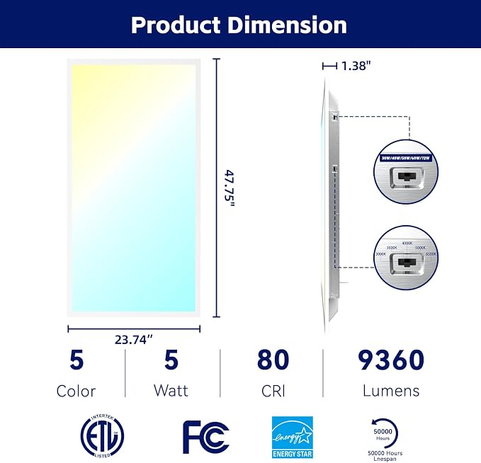 36Pack 2x4 LED Flat Panel Light LED Drop Ceiling Light Fixture, 5 CCT 3000K-6500K Adjustable & 5 Wattage Selectable Recessed Back-Lit Fixture for Office, ETL Listed