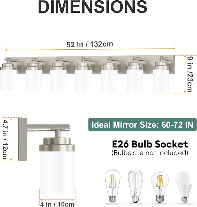IZORRO Bathroom Vanity Light Fixture, 7-Light 52 inch Brushed Nickel Bathroom Light Fixtures Over Mirror, with White Glass Shade, Modern Farmhouse Vanity Lights, Rustic Restroom Lighting Fixtures
