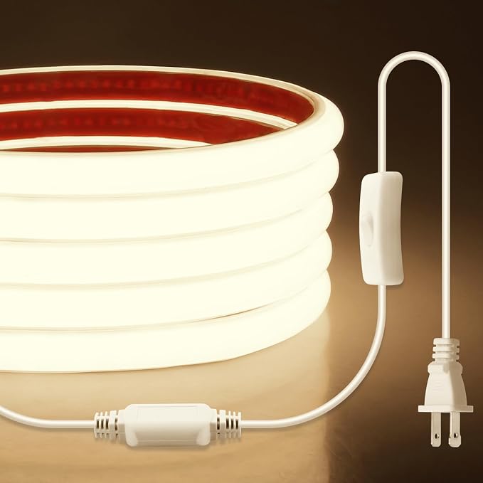 Aclorol AC 110V COB LED Strip Light Natural White 6FT/2M 576LEDs Flexible LED Rope Lights Outdoor Waterproof with 4.92ft Long Power Cable for Under Cabinets Bookshelf Living Room Shed Lighting 4000K