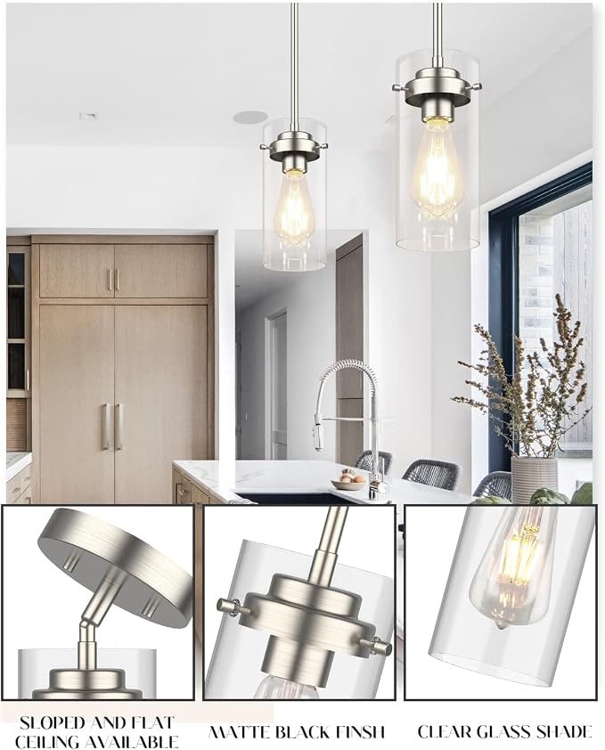 EAPUDUN Pendant Lights Kitchen Island (3 Pack), Clear Glass Shade Kitchen Lighting fixtures Ceiling Hanging, Brushed Nickel Light for Kitchen Island,Dining Room,Corridor Bedroom E26 Base