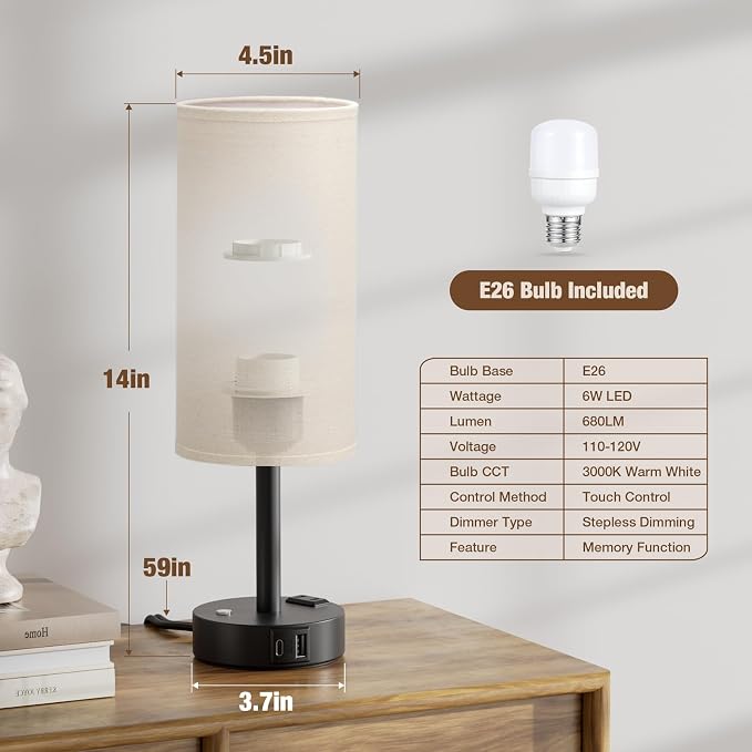 Beige Touch Bedside Lamp for Bedroom, Stepless Dimmable, USB A+C, AC Outlet | Base Touch Button Only, Memory Brightness, Ultra-dim Night Light, Included Bulb for Optimal Dimming, Beige Fabric Shade, Desk