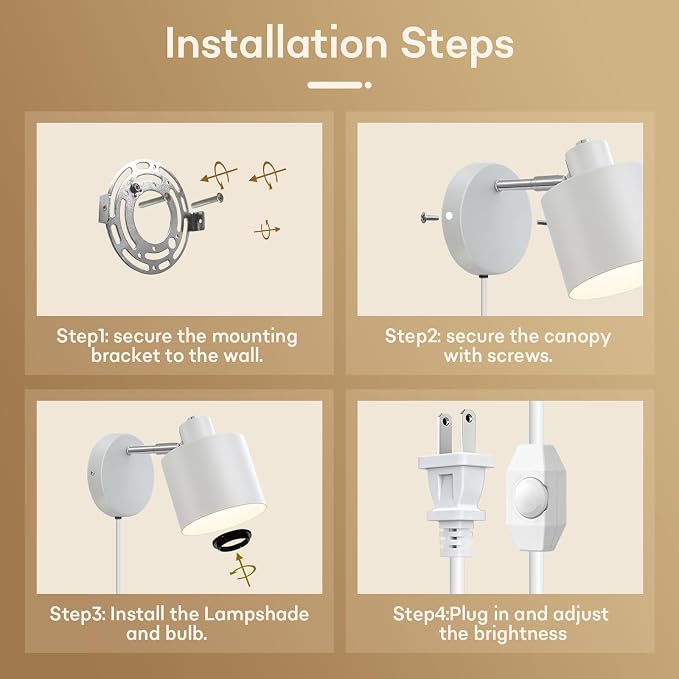 Lightess Plug in Dimmable Wall Lights Adjustable Lamp with Cord Set of 2 | 350° Adjustable Design, Plug in Dimmable Fixture,Modern Fits Kitchen Bedroom Hallway Light Bulbs not included