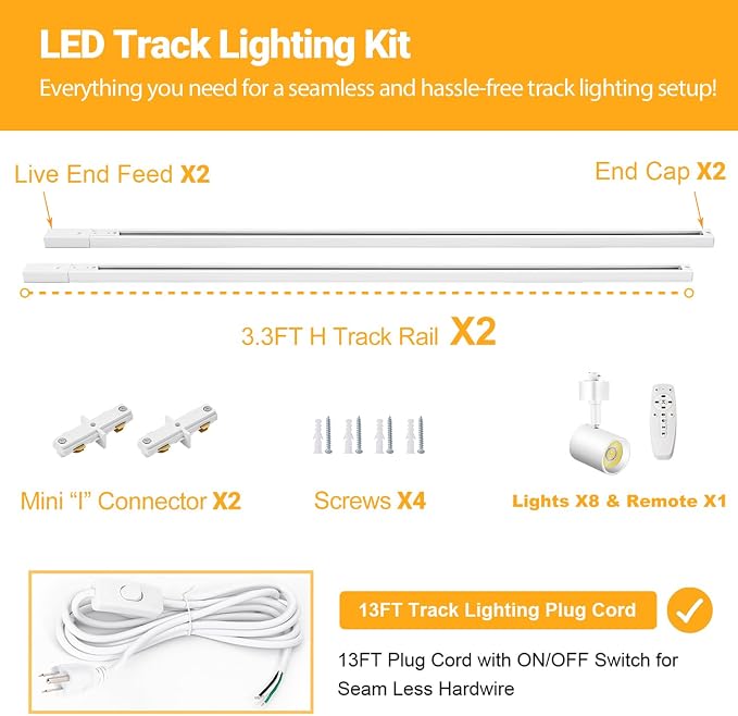 Dimmable Plug in Track Lighting with Remote, 8-Light White | Track Light with Plug in Cord, LED Track Lighting Kit with H Track Rails, Track Lighting Fixtures Ceiling Spotlight, White