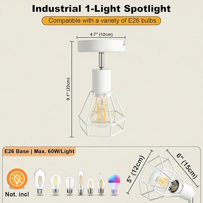 HiBay 1-Light Ceiling Track Lighting Fxiture White, Modern Spotlight, E26 | Rotatable 1 head with farmhouse metal cage shade for kitchen bedroom bedside wall, bulb not included