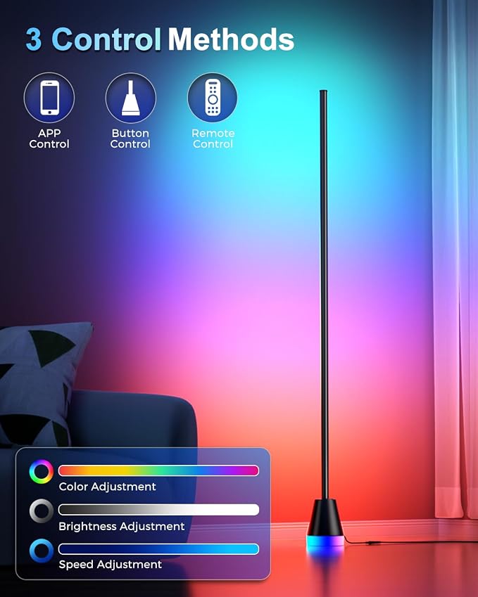 RGBIWC Corner Floor Lamp, Smart Ambient LED Light, Black | 16 Million Colors, Music Sync, Dynamic Lighting, 1800LM Brightness, APP/Remote Control, for Bedroom Living Room Gaming Room