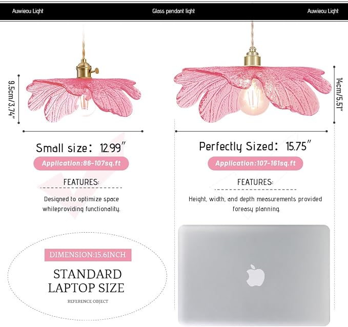 Art Decor Leaf Pendant Light Modern Hanging Ceiling Light Large Vintage Retro Pendant Lights 15.75" Pink Glass Shade for Kitchen Island Dining Room Entryway