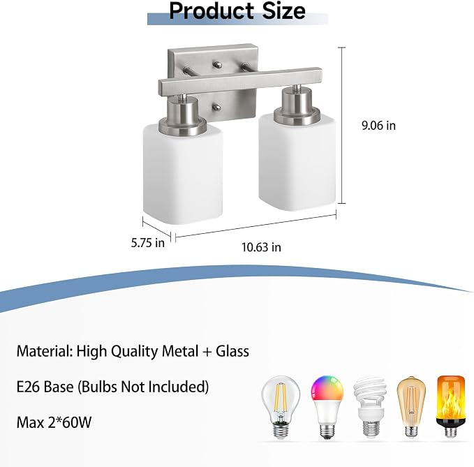 2 Light Brushed Nickel Vanity Light,Brushed Nickel Vanity Lights for Bathroom,Bathroom Light Fixtures Over Mirror,Wall Sconces for Living Room,Bedroom,Hallway(E26 Base)
