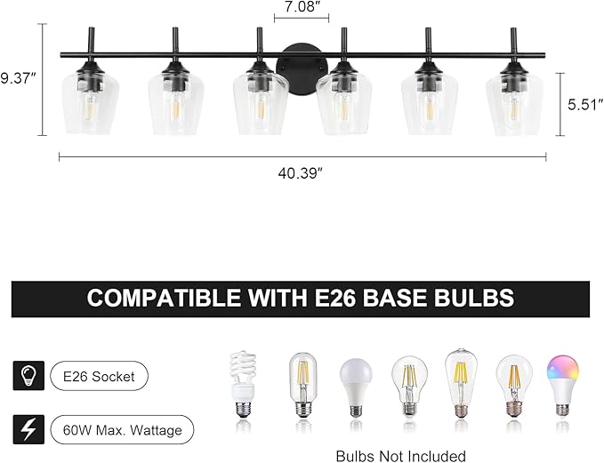 Bathroom Vanity Light Fixtures, Bathroom 6-Lights Over Mirror Modern Vanity Lighting with Clear Wine Glass Shade Wall Lamp for Bedroom Hallway Living Room (Black, 6-Light)