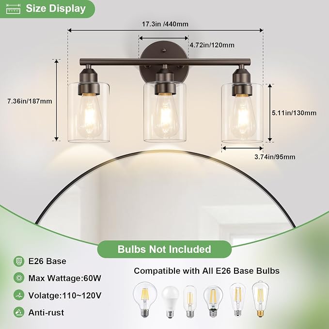 3-Light Bathroom Vanity Light, Clear Glass & Brown,17.3" | Modern Wall Lamp, For Mirror