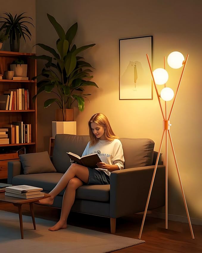 Lightdot Globe Standing Lamps Stepless Dimmable Tripod Floor Lamp with 3PCS 3000K Bulbs Included Stable Base Orange Mid Century Modern Floor Lamp for Living Room/Bedroom/Sofa Beside/Corner Decor