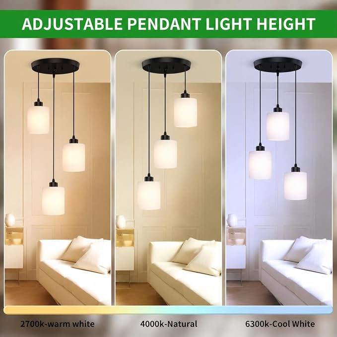 3 Light Pendant Lighting, Farmhouse Hanging Light Fixture for Kitchen Island & Dining Room, Industrial Vintage Ceiling Lamp with E26 Base, Adjustable Height, with White Glass 4.7" Shades
