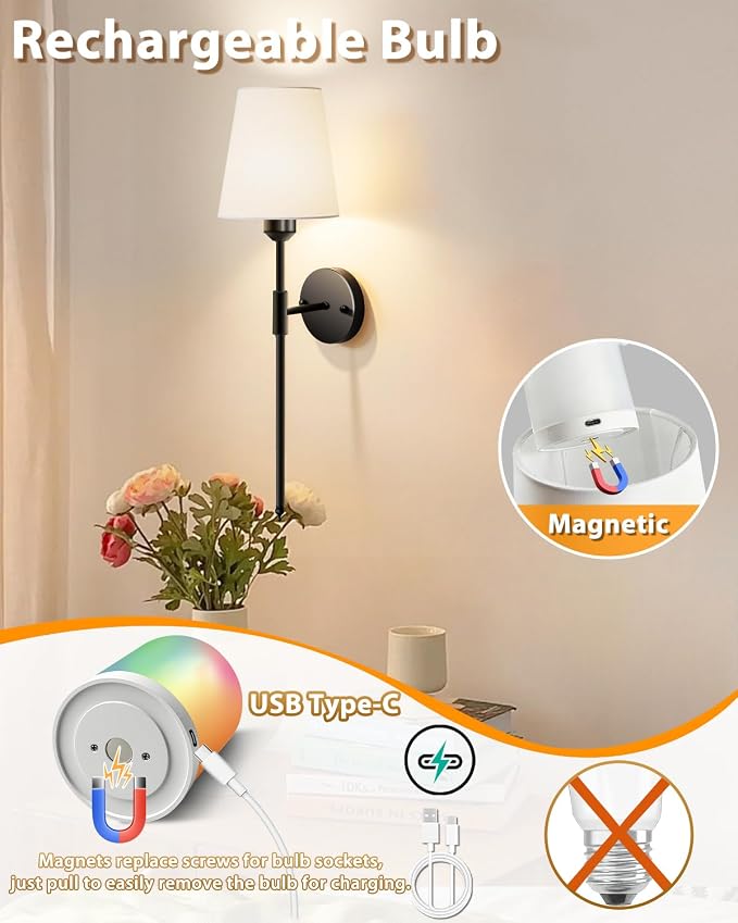 Adetu Wall Sconces Set of 2, Battery Operated Wall Sconce | 10000mAh Magnetic Bulbs and Remote, RGB & 5%-100% Dimmable Rechargeable Wall Lights for Bedroom Living Room Hallway Decor