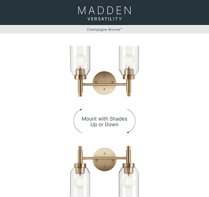 Kichler Madden 2-Light Bathroom Vanity Light, Champagne Bronze | Modern vanity light with clear glass for single or double bathroom mirrors (14.25" x 10.5"), 55184CPZ