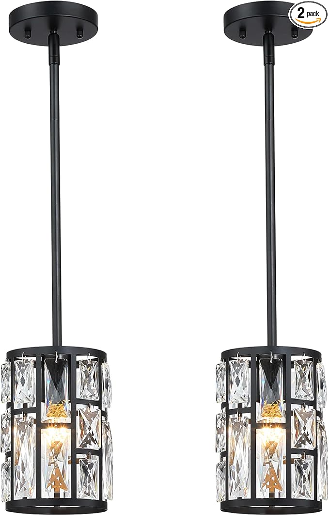 MEXO Modern Crystal Pendant Light Fixture 2-Pack Matte Black Finish Hanging Lighting Crystal Chandelier for Living Room, Kitchen