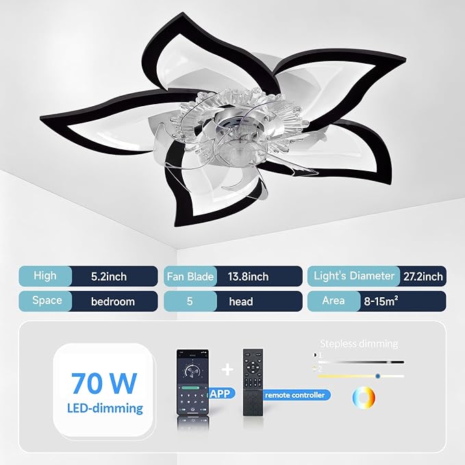 Bevenus Low Profile Ceiling Fans with Lights,27.2” Black Modern Dimmable Flower Shape Ceiling Light Fan with Remote Control/app Control,Timing 6 Gear Speeds Fan Ceiling Lamp.