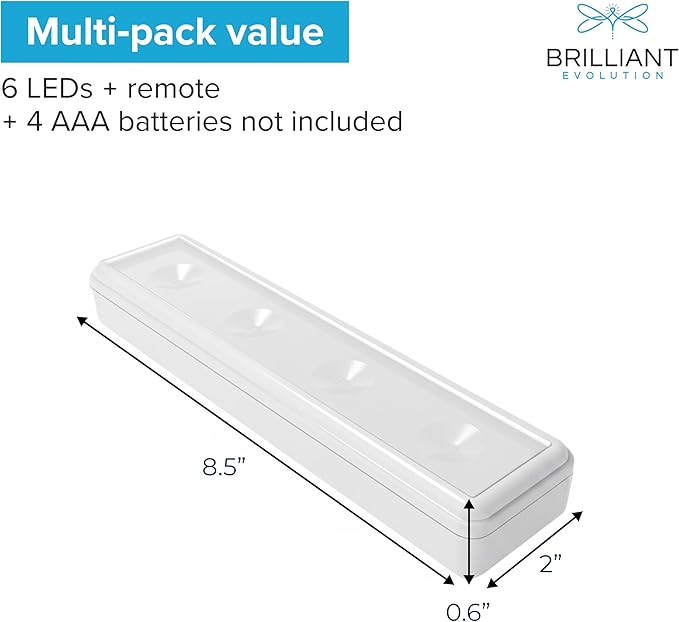 Brilliant Evolution Wireless LED Under Counter Lights with 2 Remote Controls - 6-Pack Battery Operated Under Cabinet Lighting Fixtures - Stick On Push Lights with Timer - Warm White, 8.5" x 2" x 0.6"
