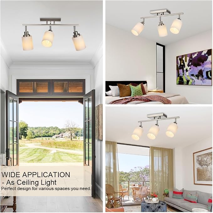 Track Lighting Fixtures Ceiling, 3-Lights Brushed Nickel Wall Ceiling Spot Lighting with Opal White Glass, E26 Bulb Base