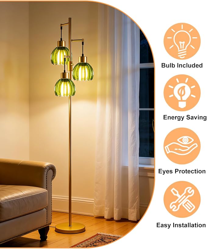 Lightdot 65'' Green Glass Floor Lamp Dimmable Gold Floor Lamps with Lotus Glass Shade& 3000K Bulbs Included 3-Lights Modern Tall Standing Lamp with 5Lbs Heavy Base for Living Room/Bedroom/Sofa Beside