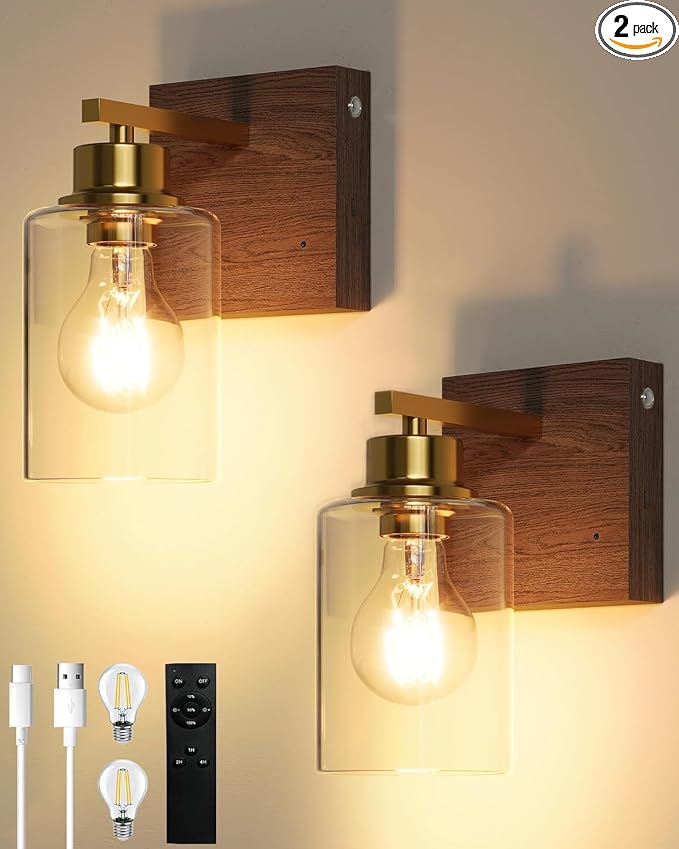 Rayogale Wireless Battery Operated Wall Sconce Set of 2 with Remote Control | Gold & Walnut Dimmable Rechargeable Wall Lights with Timer, Easy Install Glass Lamp for Living Room Bedroom, Emergency 3000K