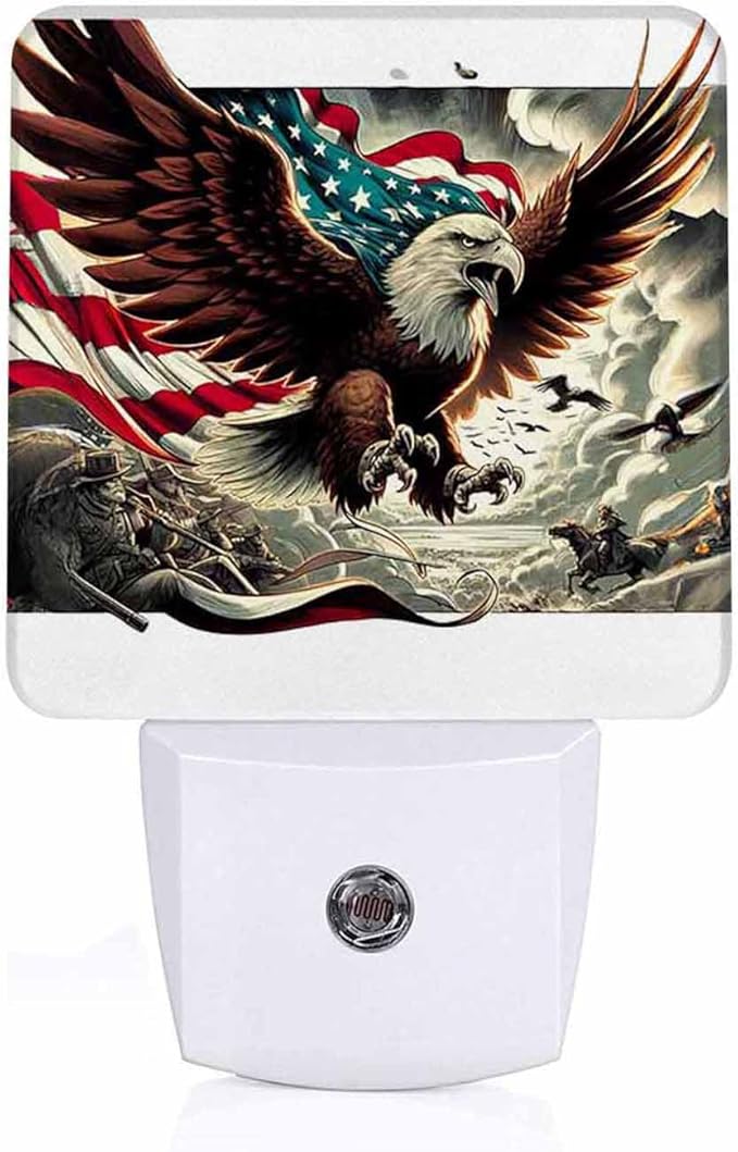 LED Night Light Lamp with Smart Sensor Dusk to Dawn Sensor,Bald Eagle Spreads Wings with American Flag American Patriotism Historical Military Night Light Daylight White,0.5W Plug-into Wall