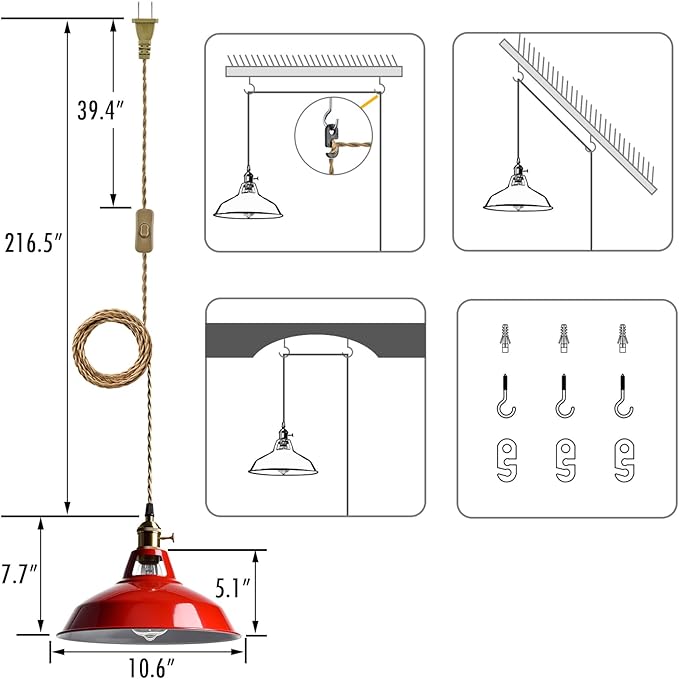 YUBOLE Plug-in Pendant Light Vintage Red Barn Shade-10.06" W with Switch | Flexible Hanging Light, Adjutable 216.5"L Cord with On-Off Switch Swag Lamp for Kitchen Bar Dining Foyer Cafe Bedroom