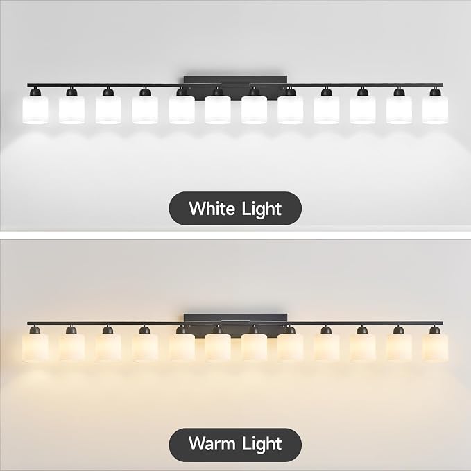 12 Light Black Vanity Lights for Giant Mirror, Bathroom Vanity Lights Over Mirror with Milky White Frosted Glass Shades,78.8 inch Bathroom Light Fixture for Mirrors, E26