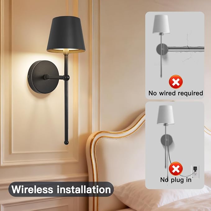 TaoFiaCo Battery Operated Wall Sconces Set of 2,Wireless Wall Sconce Black | 5200mAh Rechargeable, Remote, Timer, Dimmable, Cordless Wall Light for Bedroom Living Room, Hallway, Light Decor