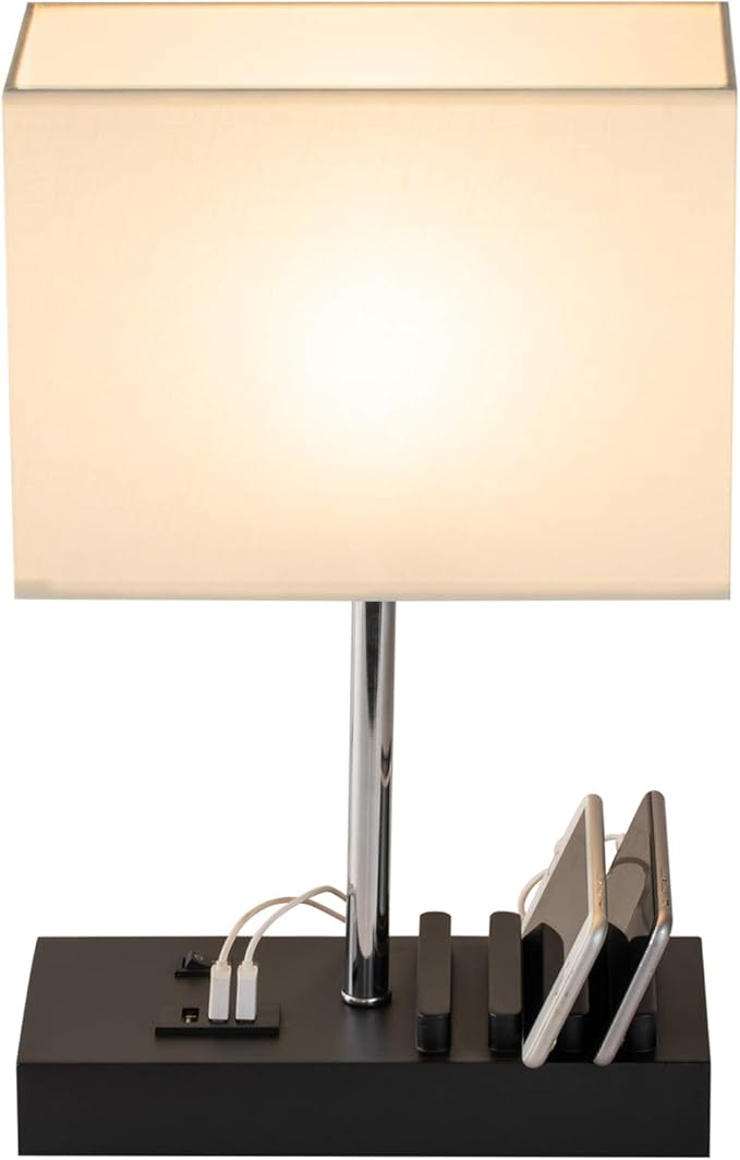 Briever Upgraded 3 USB Table Lamp with 2 USB A & C Charging Ports, Bedside Desk Lamp with 2 AC Outlets and Wooden Phone Stand Organizer, Nightstand Lamp for Bedroom, Living Room, Office, Natural Wood