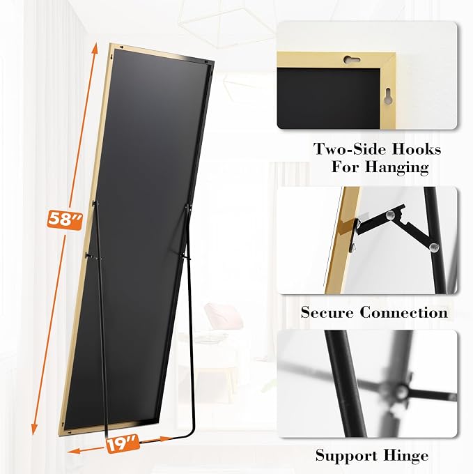 DUMOS Full Length Mirror 19"x 58" for Bedroom, Full Body Mirror with Stand, Hanging or Leaning for Wall, Aluminum Alloy Thin Frame Floor Standing for Living Room, Long, Gold