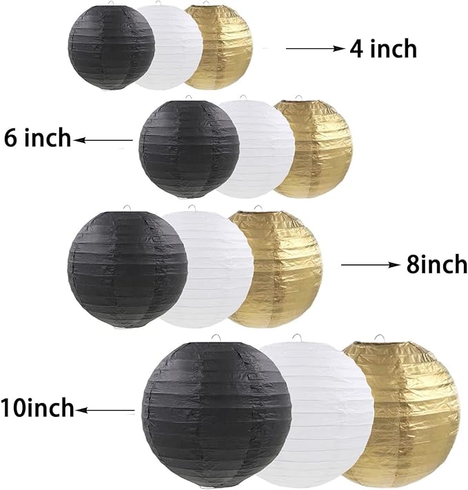 CC wonderland zone 12pcs Black Gold White Hanging Paper Lanterns,Round Paper Lanterns for Birthday,New Year,Wedding,Party,Home Ceiling Decoration