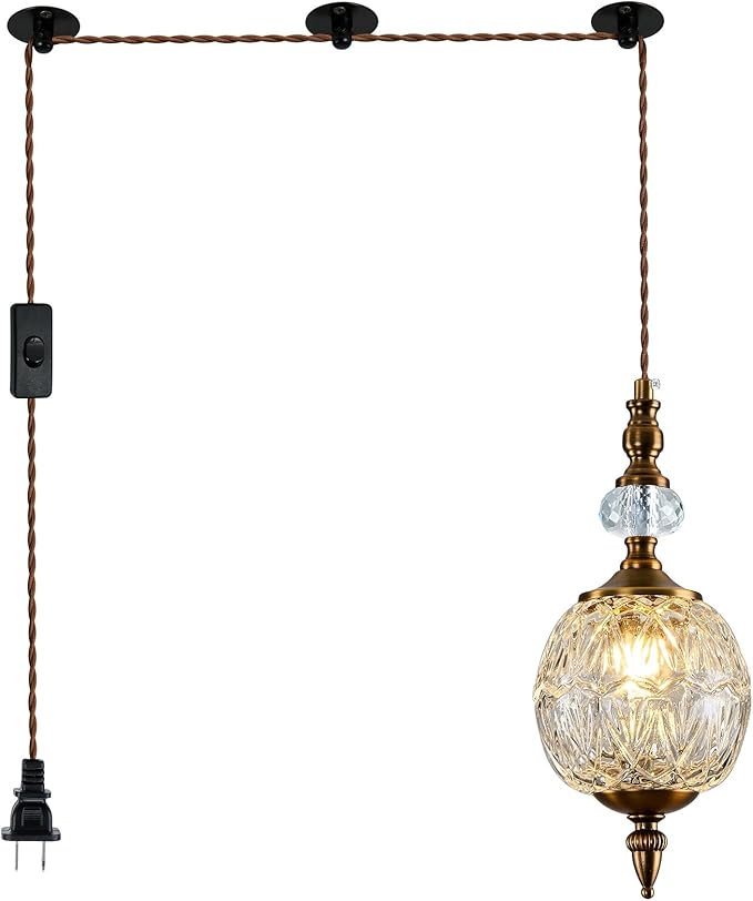Piepooye Vintage Plug in Gold Glass Pendant Light for Kitchen Island | Antique 4.72" Mini Adjustable Hanging Ceiling Light Fixture Dining Room Bedroom Foyer Entryway
