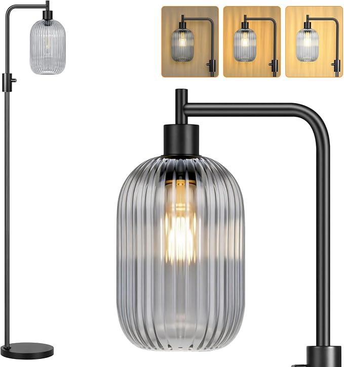 【Upgraded】 Dimmable Floor Lamp for Living Room with Gray Ribbed Glass Lampshade, Black Modern Floor Lamp with 900LM LED Bulb Included, Arc Standing Tall Lamp for Bedroom, Office, Reading Room, Corner
