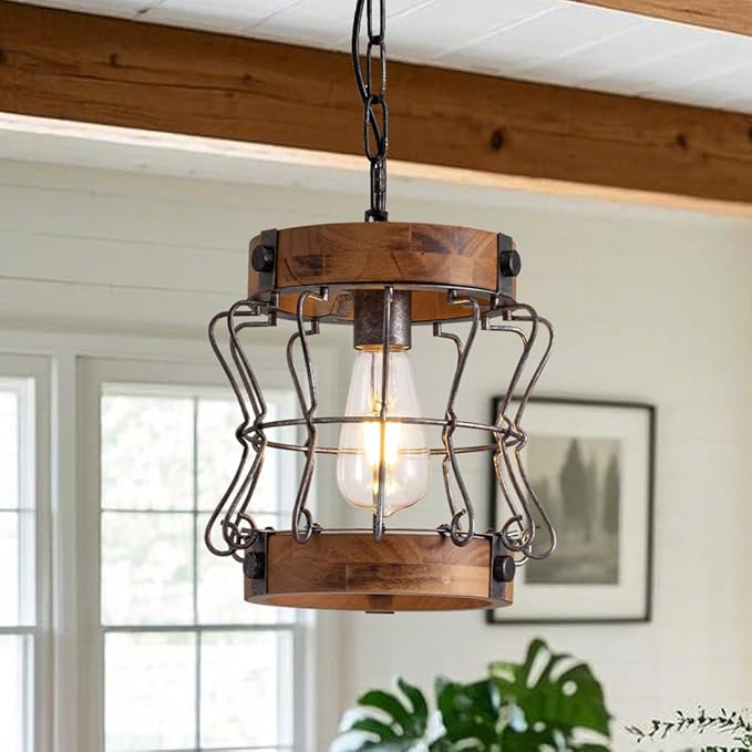 Farmhouse Chandelier Wood and Metal Rustic Light Fixtures 1-Light Round Cage Pendant Light Adjustable Height Industrial Hanging Light for Kitchen Island Hallway Bar Dining Room Entryway D 9.4" x H 9"