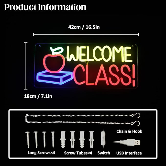 Welcome Class Neon Sign Apple Book LED Sign Back to School Classroom Decor | Dimmable Light Up Signs, Student Classroom Neon Light, Colorful Wall Sign, Acrylic Night Light, School Opens Party Decoration