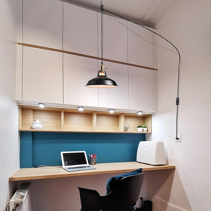 YUBOLE Indsutrial Black Plug in Hanging Lights with 216.5" L Cord | Black & White 10.6"W Shade, E26 Swag Pendant Light with Switch for Kitchen Bedroom Dining Bar Reataurant Cafe Loft