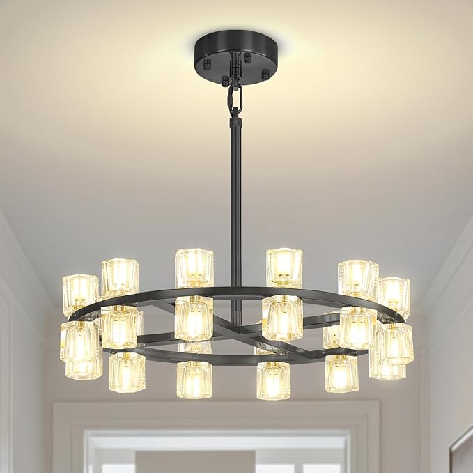 D24 Black Wagon Wheel Chandeliers Modern 24-Lights Black Round Chandelier Small Chandeliers for Dining Room,Living Room Vintage Chandelier for Foyer Hallway