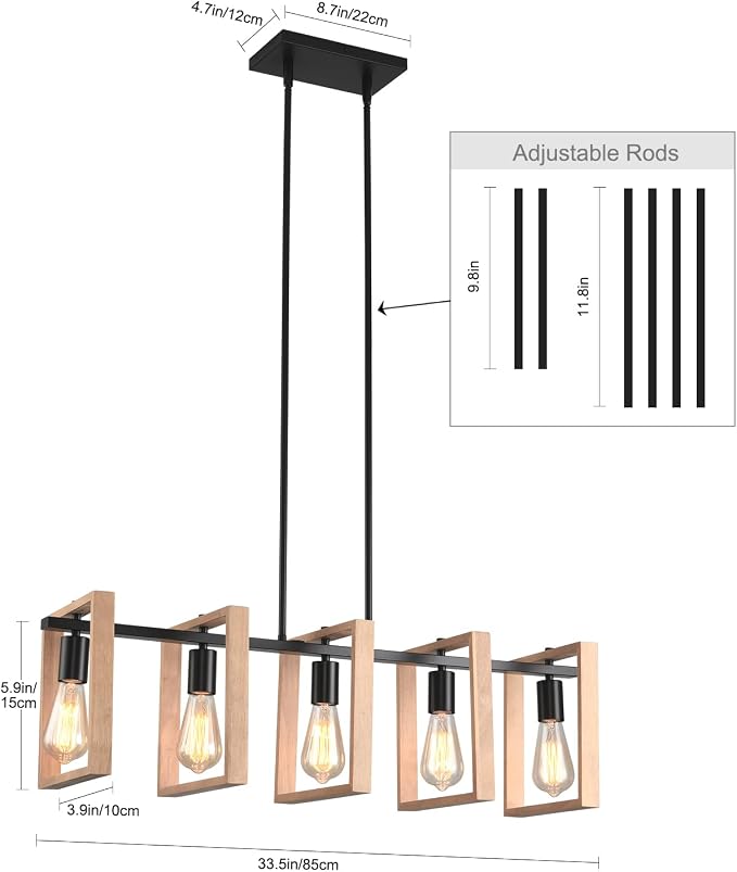 Kitchen Island Lighting Hanging for Farmhouse Linear Chandeliers,Modern Chandelier Over Table, Matte Black Rustic Wood Ceiling Pendant Light,Dining Room Hanging Light Rustic Wood
