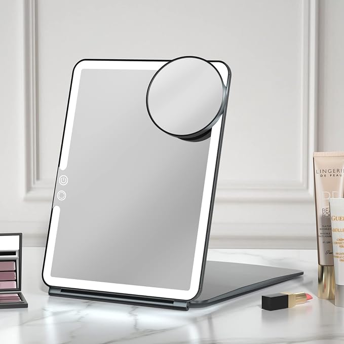 FUNTOUCH 2500mAh 10x7.5 Portable Large Travel Makeup Mirror with Light | Rechargeable Lighted Travel Makeup Mirror with 3 Color Lights,Dimmable Folding Light Up Make up Mirror with Small 10x Mirror