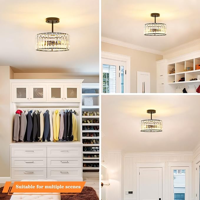 Lxybcce Modern Crystal Ceiling Light, Matte Black Semi Flush Mount Ceiling Lighting Fixture, Hallway Light Fixtures Chandelier for Kitchen, Bedroom Dining Room Hallway Closet, 3-Light, 12 Inch