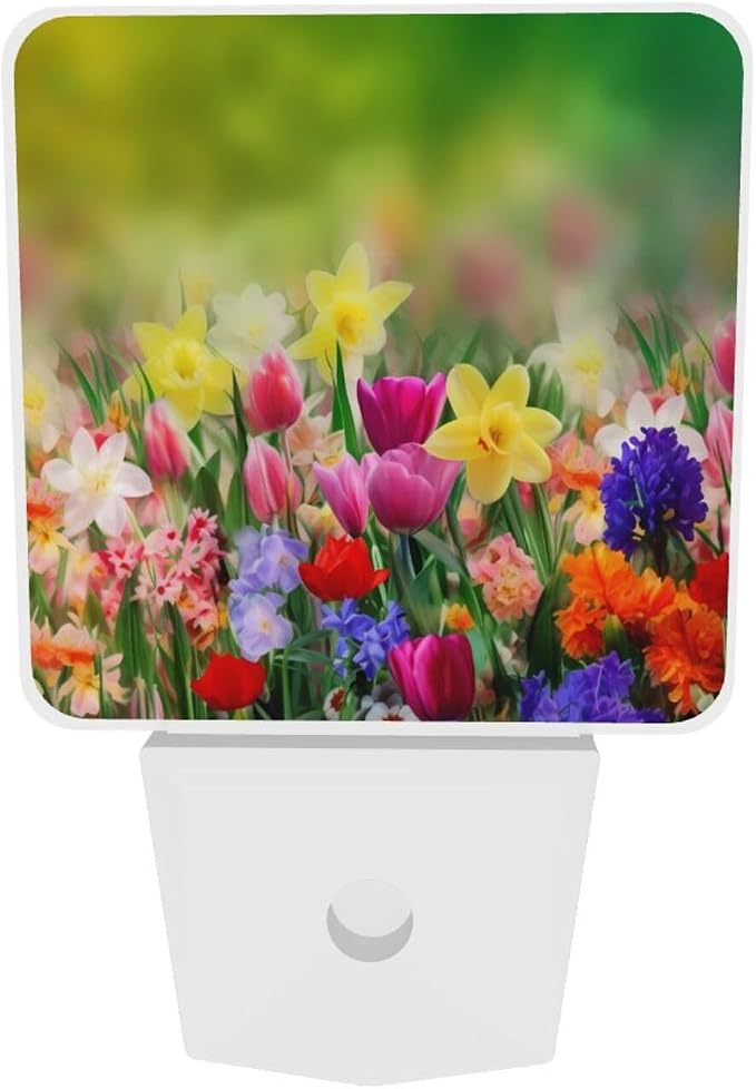 Spring Flowers Summer LED Plug-in Night Lamp 2 Piece Set, Auto Sensor Nightlights Set of 2 for Bedroom Bathroom